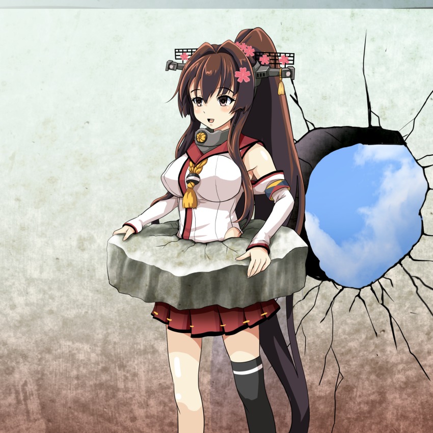 1girl brown_hair cherry_blossoms crack cracked_wall detached_sleeves female_focus flower hair_flower hair_intakes hair_ornament headgear highres hole_in_wall kabe_ni_hamatte_ugokenai! kantai_collection long_hair miniskirt open_mouth pleated_skirt ponytail red_skirt single_thighhigh skirt solo standing thighhighs tk8d32 very_long_hair wall yamato_(kancolle) z-flag