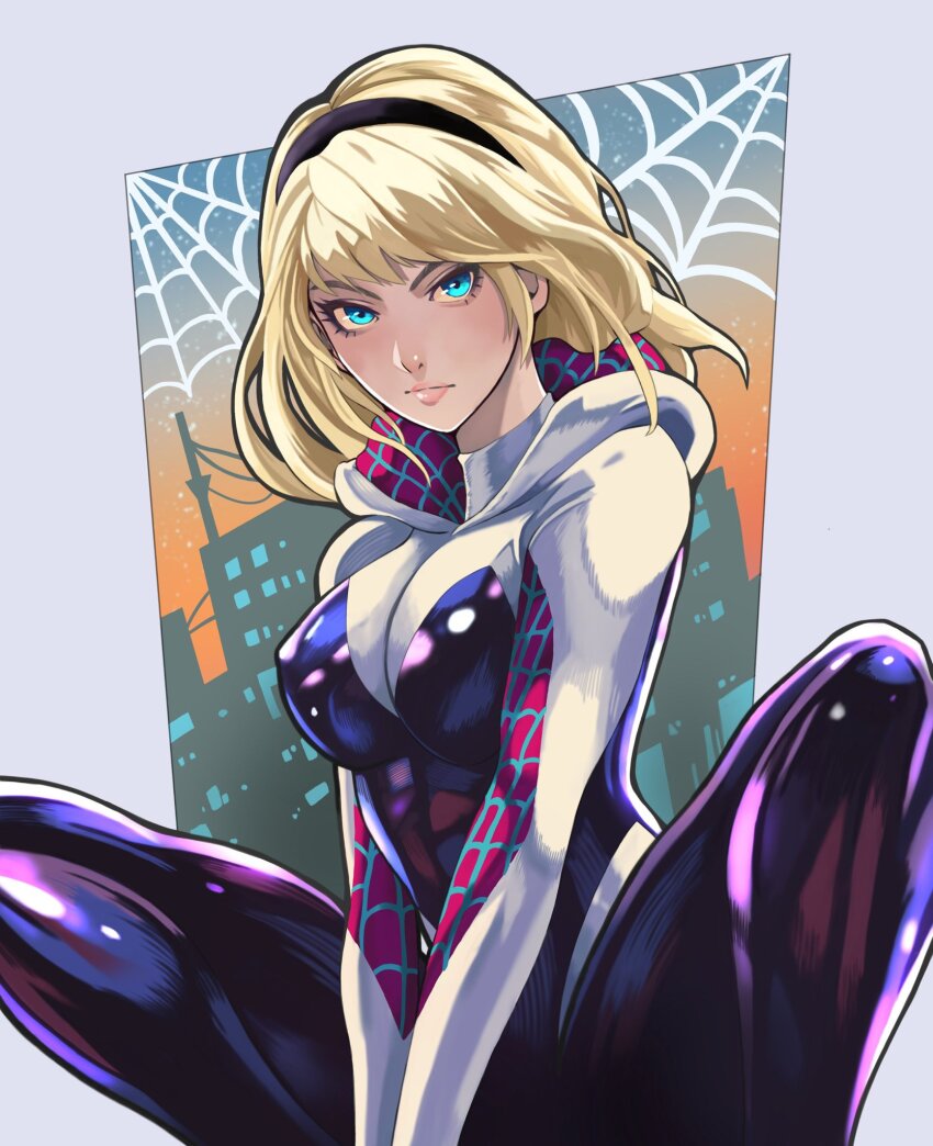 1girl black_hairband blonde_hair blue_eyes border breasts closed_mouth commentary eyelashes grey_border gwen_stacy hairband highres large_breasts marvel medium_hair smile solo spider-gwen spider-man_(series) spider-verse squatting to-ru white_hood