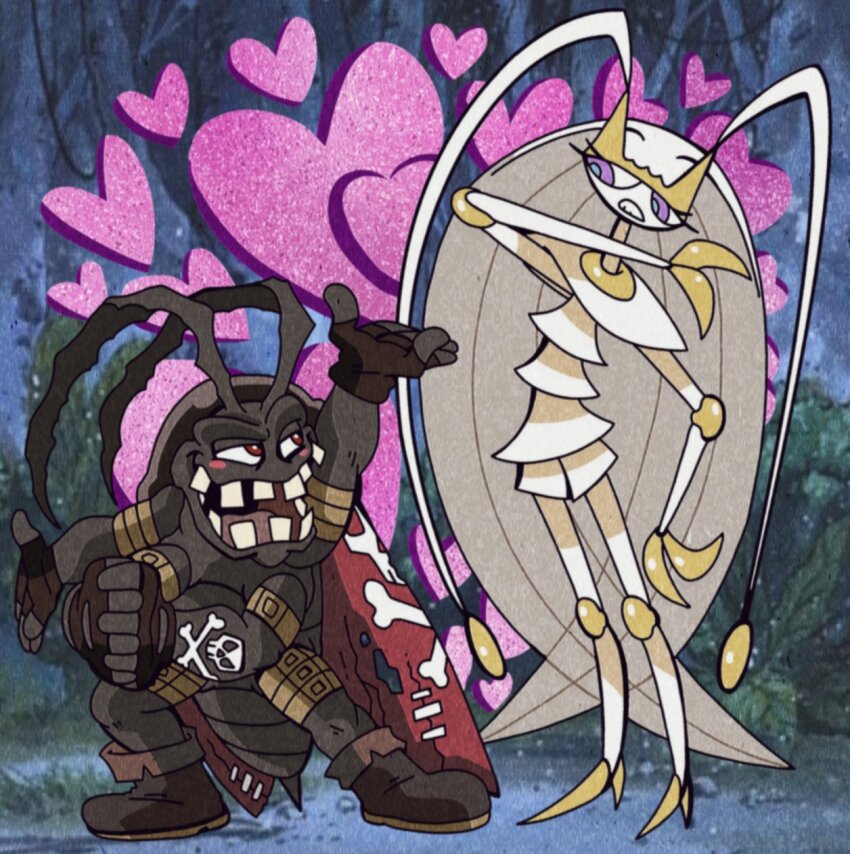 1boy 1girl antennae belt blush bug cockroach crossover digimon digimon_(creature) gen_7_pokemon gokimon heart highres insect looking_at_another mr.whatshisname nintendo pheromosa pokemon purple_eyes skull teeth trait_connection ultra_beast wings