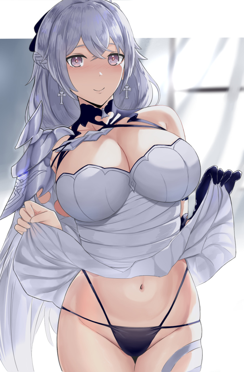 1girl black_gloves black_panties breasts bronya_zaychik bronya_zaychik_(silverwing:_n-ex) cleavage clothes_lift commentary cowboy_shot cross cross_earrings dress dress_lift earrings gloves grey_eyes grey_hair highres honkai_(series) honkai_impact_3rd jewelry large_breasts lifting_own_clothes long_hair looking_at_viewer micchan_(micchanmeido) navel panties single_glove smile solo thighs underwear white_dress