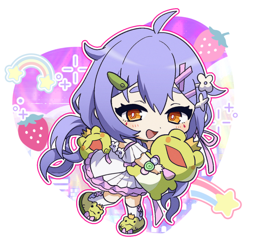 1girl azusa_(vtuber) virtuareal_link blue_hair chibi chibi_only crown dress food frog frog_slippers fruit highres nijisanji official_alternate_costume onayano open_mouth solo strawberry stuffed_animal stuffed_toy teardrop_facial_mark thick_eyebrows virtual_youtuber virtuareal white_dress yellow_eyes
