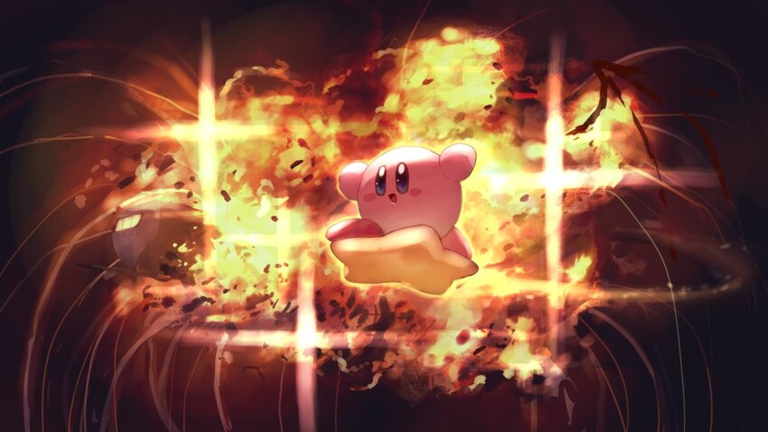 blush_stickers colored_skin explosion halberd_(airship) kirby kirby_(series) nintendo no_humans pink_skin shiburingaru solo sparkle warp_star