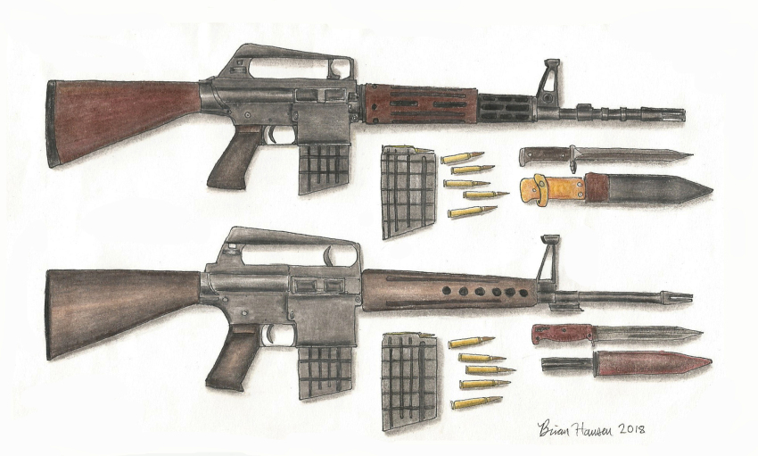 2018 ammunition ar-10 artist_name barrel_shroud battle_rifle bayonet cartridge colored_pencil_(medium) commentary english_commentary gun handle highres magazine_(weapon) no_humans original rifle rifle_cartridge sheath simple_background still_life stopsigndrawer81 traditional_media weapon weapon_focus white_background