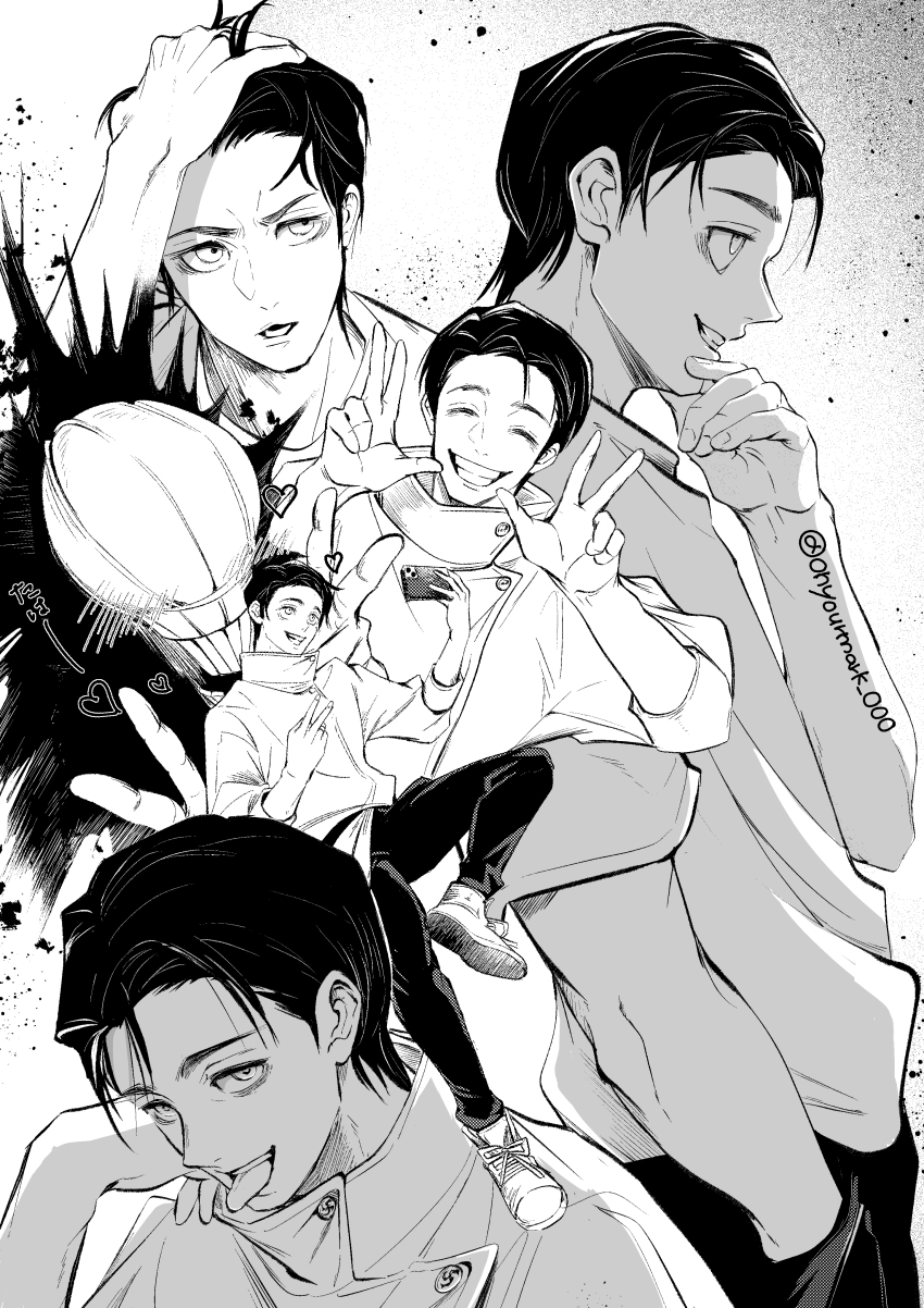 1boy 1other absurdres belt black_hair black_pants buttons closed_mouth cursed_spirit_(jujutsu_kaisen) double_v greyscale grin hands_in_own_hair hands_on_own_chin hayate_aki heart high_collar highres holding jacket jujutsu_kaisen jujutsu_tech_uniform long_sleeves looking_at_viewer male_focus monochrome monster okkotsu_yuuta open_mouth orimoto_rika paint_splatter pants phone school_uniform shikigami shoes short_hair simple_background smile sneakers taking_picture tongue tongue_out v white_background white_jacket white_shoes