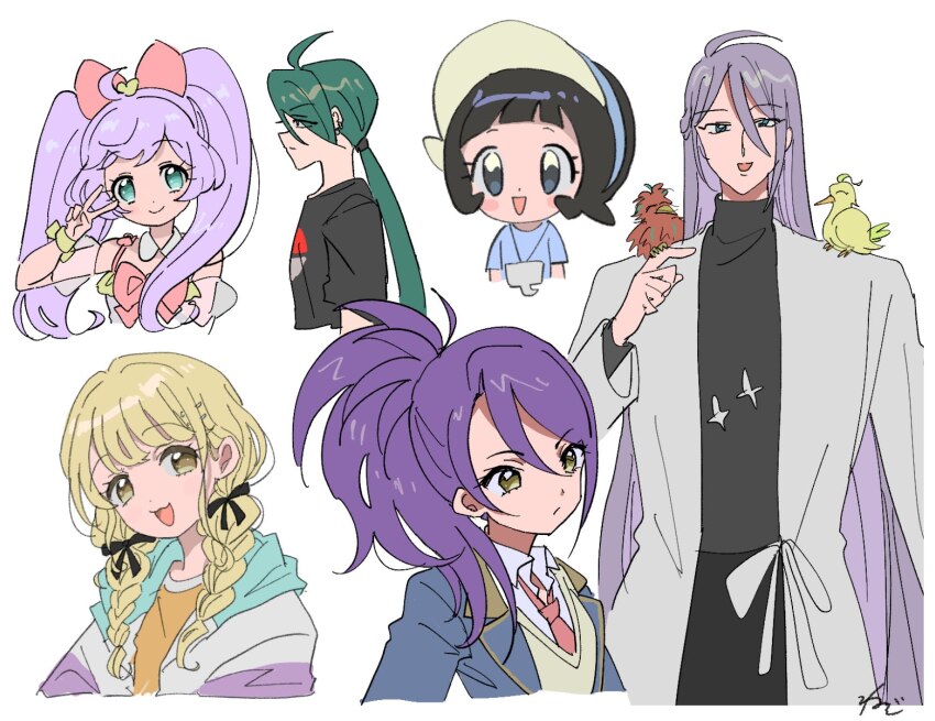 1boy 5girls :d ahoge animal animal_on_shoulder bird bird_on_shoulder black_hair black_shirt black_sweater blonde_hair blue_eyes blue_jacket bow braid character_request closed_mouth collared_shirt cropped_legs cropped_torso fujita_kotone gakuen_idolmaster green_eyes green_hair hair_bow hair_ribbon hand_up highres idol_clothes idolmaster jacket lab_coat long_hair long_sleeves looking_at_viewer low_twin_braids manaka_laala multicolored_jacket multiple_girls necktie nintendo open_mouth paprika_private_academy_school_uniform pink_bow pink_necktie pokemon pokemon_sv ponytail poppy_(pokemon) pretty_series pripara profile purple_hair ribbon rika_(pokemon) rituyama1 school_uniform shirt short_hair side_ponytail smile standing sweater t-shirt toudou_shion twin_braids twintails v v_over_eye vest white_background white_shirt yellow_eyes yellow_shirt yellow_vest
