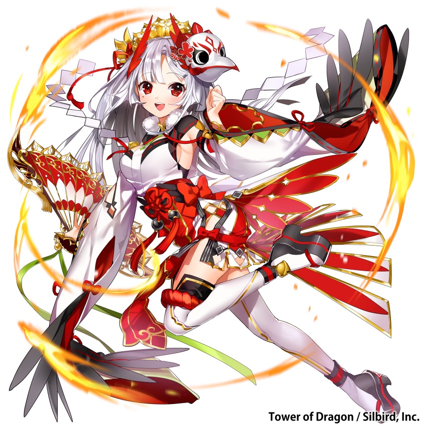 1girl :d bird_mask blush breasts commentary_request female_focus fire folding_fan full_body hairdressing hand_fan highres japanese_clothes kimono leg_up long_hair long_sleeves looking_at_viewer magic mask masyu_yuyu medium_breasts mole mole_under_eye obi official_art open_mouth red_eyes red_ribbon ribbon sash sideboob silver_hair simple_background smile solo thighhighs tower_of_dragon very_long_hair white_background white_thighhighs wide_sleeves