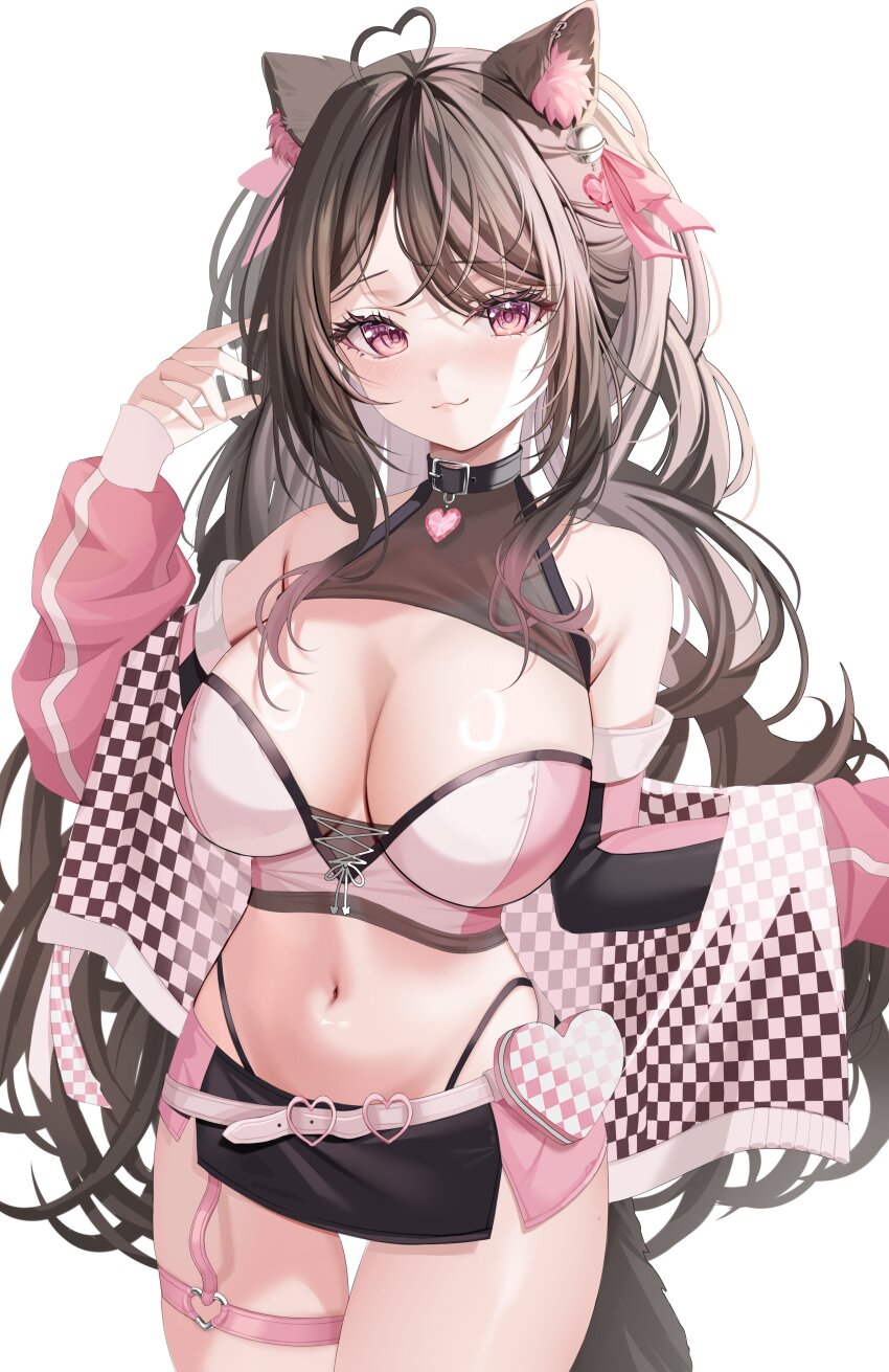 1girl :3 absurdres ahoge bare_shoulders black_choker black_hair black_skirt breasts checkered_clothes checkered_jacket choker cleavage cleavage_cutout closed_mouth clothing_cutout cowboy_shot crop_top hair_ribbon hand_up heart heart_ahoge highleg highres indie_virtual_youtuber isari_sensei jacket long_hair looking_at_viewer microskirt midriff multicolored_hair navel nikkinyami_(vtuber) off_shoulder panty_straps pink_eyes pink_jacket pink_shirt race_queen ribbon shirt simple_background skirt sleeveless sleeveless_shirt smile solo stomach streaked_hair thigh_strap thighs two-tone_shirt two-tone_skirt very_long_hair virtual_youtuber white_background white_shirt