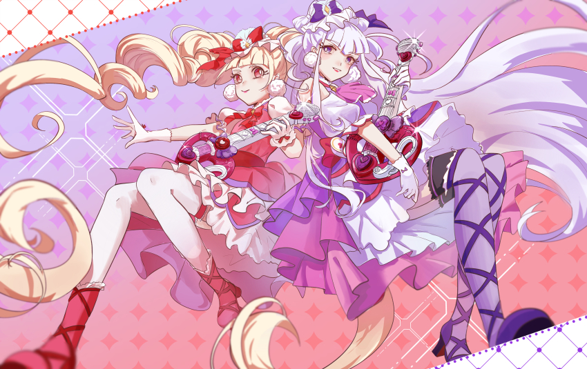 2girls absurdres aisaki_emiru argyle_background ascot bare_shoulders bell black_thighhighs blonde_hair blunt_bangs boots bow bow-shaped_hair bright_pupils closed_mouth collar collared_dress commentary cure_amour cure_macherie detached_sleeves dress drill_hair earrings english_commentary eyelashes footwear_ribbon frilled_dress frilled_footwear frilled_sleeves frills full_body gloves gradient_background hair_bow high_collar high_heel_boots high_heels highres hugtto!_precure jewelry lace lace-trimmed_thighhighs lace_trim leg_ribbon lipstick long_hair looking_at_another magical_girl makeup multiple_girls neck_bell open_mouth outstretched_hand over-kneehighs pink_ascot playing_guitar playing_instrument pom_pom_(clothes) pom_pom_earrings precure puffy_short_sleeves puffy_sleeves purple_background purple_bow purple_dress purple_eyes purple_footwear purple_hair purple_ribbon purple_sleeves purple_socks red_background red_bow red_dress red_eyes red_footwear red_lips red_ribbon ribbon ruru_amour short_dress short_sleeves simple_background sitting sleeveless sleeveless_dress smile socks sparkle teeth thighhighs twin_drills twintails two-tone_background upper_teeth_only very_long_hair white_collar white_gloves white_pupils white_sleeves white_thighhighs wrist_bow xiao_gu_(xg112)