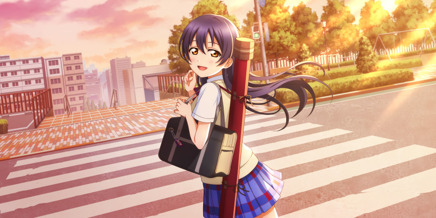 1girl absurdres artist_name artist_request bag blue_hair blue_skirt blush bow bowtie breasts brown_eyes building checkered_clothes checkered_skirt city cloud collared_shirt day female_focus floating_hair from_behind hair_between_eyes highres long_hair looking_at_viewer looking_back love_live! love_live!_school_idol_festival love_live!_school_idol_festival_all_stars love_live!_school_idol_project miniskirt otonokizaka_school_uniform outdoors parted_lips plaid_clothes plaid_skirt pleated pleated_skirt red_bow school_bag school_uniform shirt short_sleeves sidewalk skirt sly smile solo sonoda_umi striped_bow sunlight sunset sweater_vest tree vest wavy_hair white_shirt wing_collar yellow_eyes yellow_vest