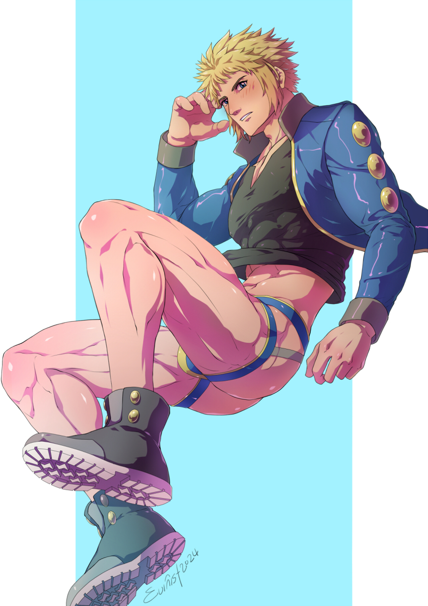 1boy ass bara black_shirt blonde_hair blue_eyes blue_jacket blue_male_underwear blush boots bulge evinist highres jacket jockstrap large_pectorals male_focus male_underwear muscular muscular_male nintendo open_clothes open_jacket pectorals pokemon pokemon_dppt shirt short_hair simple_background solo underwear volkner_(pokemon)
