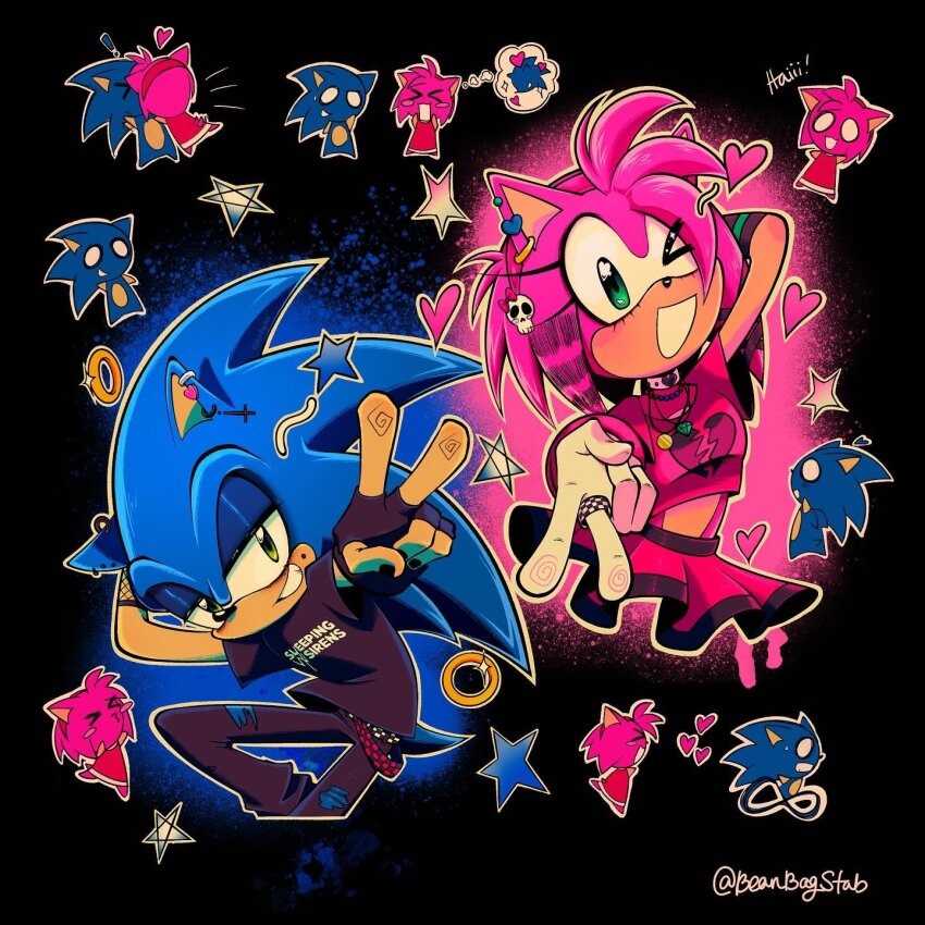 &gt;_&lt; 1boy 1girl amy_rose arm_behind_head beanbagstab black_background black_shirt broken_heart chibi ear_piercing emo_fashion fingerless_gloves gloves green_eyes hair_ornament heart highres looking_at_viewer midriff outline pants piercing ring_(sonic) scene_fashion shirt skull_hair_ornament sleeping_with_sirens smile sonic_(series) sonic_the_hedgehog star_(symbol) torn_clothes torn_pants v white_outline