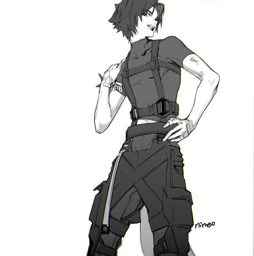 1boy :d arknights artist_name bandaged_hand bandages bishounen feet_out_of_frame from_below greyscale highres looking_at_viewer male_focus monochrome nineo open_mouth pants shirt short_hair short_sleeves simple_background smile solo teeth upper_teeth_only white_background windflit_(arknights)