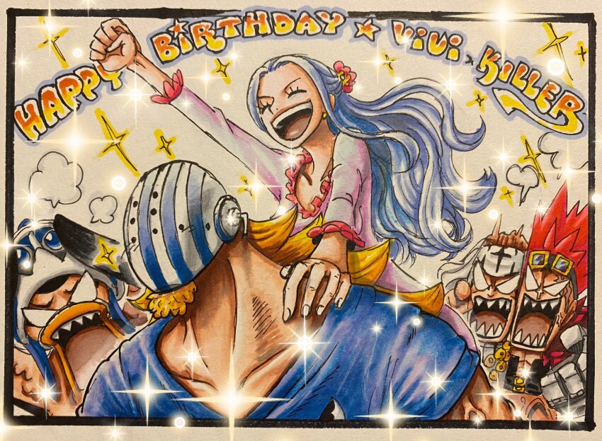 1girl 3boys angry animal bird blonde_hair blue_hair blue_shirt blush carrying clenched_hand closed_eyes commentary_request daichan_op dress duck eustass_kid facial_hair flower goatee goggles goggles_on_headwear hair_flower hair_ornament happy_birthday headscarf highres hockey_mask karoo_(one_piece) killer_(one_piece) long_hair long_sleeves mask mechanical_arms multiple_boys nefertari_vivi one_piece pell_(one_piece) piggyback puff_of_air red_hair scar scar_on_face sharp_teeth shirt single_mechanical_arm sparkle teeth