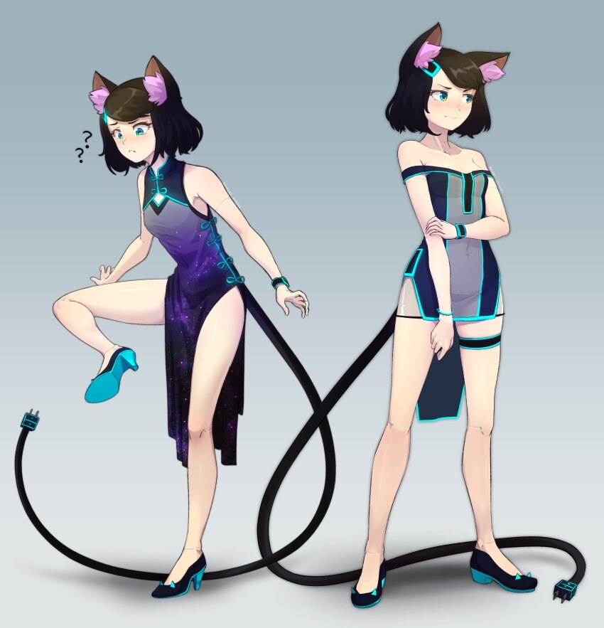 1girl ? absurdres animal_ear_fluff animal_ears bare_shoulders black_hair blue_background blue_eyes blue_footwear china_dress chinese_clothes collarbone commentary dress electric_plug embarrassed english_commentary full_body garter_belt gradient_background hair_ornament hairclip haqu_(suweeka) high_heels highres looking_to_the_side multiple_views off-shoulder_dress off_shoulder original shadow short_dress short_hair side_slit sleeveless sleeveless_dress standing standing_on_one_leg suweeka tail white_background