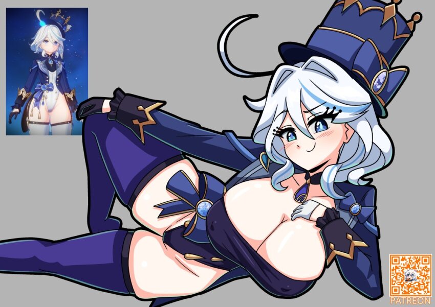 acefish ahoge asymmetrical_gloves black_gloves blue_eyes blue_jacket blue_ribbon blush breasts cleavage covered_erect_nipples furina_(genshin_impact) genshin_impact gloves hair_between_eyes hair_intakes hand_on_own_chest hand_on_own_knee hat jacket knee_up large_breasts leotard lying mismatched_gloves mismatched_pupils on_side purple_leotard purple_thighhighs reference_inset ribbon screenshot_inset simple_background skindentation smile smug thick_thighs thighhighs thighs watermark white_gloves white_hair