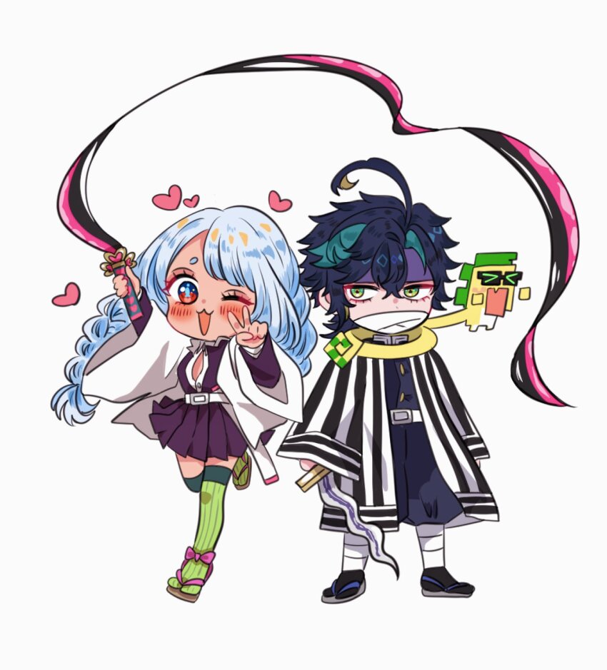 1boy 1girl :3 ahoge ajaw_(genshin_impact) bandage_on_face bandages belt black_hair blue_hair blush braid cocotsuko1204 cosplay covered_mouth demon_slayer_uniform genshin_impact green_eyes green_hair green_thighhighs hair_between_eyes haori headband heart highres holding holding_sword holding_weapon iguro_obanai iguro_obanai_(cosplay) japanese_clothes kanroji_mitsuri kanroji_mitsuri_(cosplay) kimetsu_no_yaiba kinich_(genshin_impact) long_hair mualani_(genshin_impact) multicolored_hair one_eye_closed open_mouth purple_headband red_eyes sandals simple_background standing striped_clothes sword thighhighs two-tone_hair v vertical-striped_clothes weapon whip_sword white_background white_belt white_hair zouri