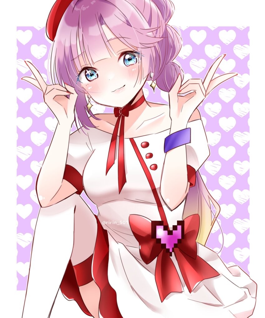 1girl absurdres anyoji_hime blonde_hair blue_eyes blunt_bangs blush border breasts choker closed_mouth collarbone commentary double_v dress feet_out_of_frame gradient_hair hat heart heart_background highres knee_up link!_like!_love_live! long_hair love_live! medium_breasts miracreation/elegance multi-tied_hair multicolored_hair off-shoulder_dress off_shoulder official_alternate_costume outside_border pink_hair pixel_heart ponytail puffy_short_sleeves puffy_sleeves purple_background red_hat red_ribbon ribbon ribbon_choker ririn_(ririn_501) short_dress short_sleeves sidelocks smile solo swept_bangs thighhighs twitter_username two-tone_background v very_long_hair virtual_youtuber white_background white_border white_thighhighs