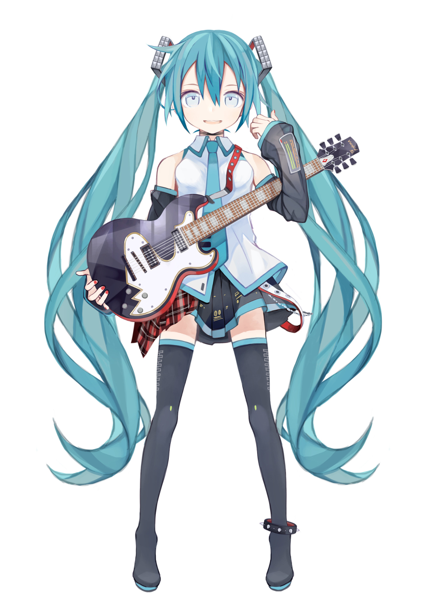 1girl anklet aqua_eyes aqua_hair arm_up bare_shoulders belt breasts detached_sleeves electric_guitar female_focus full_body guitar hair_ornament hatsune_miku highres holding holding_instrument instrument jewelry kari_kenji long_hair looking_at_viewer nail_polish shirt skirt sleeveless sleeveless_shirt small_breasts smile solo spiked_anklet standing thighhighs twintails very_long_hair vocaloid white_background white_shirt zettai_ryouiki