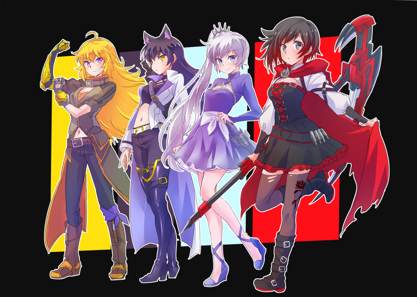 4girls :o ahoge animal_ears arm_ribbon bandolier belt black_background black_dress black_footwear black_hair black_legwear blake_belladonna blonde_hair blue_eyes breasts brown_jacket cape cape_hold cat_ears cloak closed_mouth coattails combination_weapon commentary_request corset crescent_rose cropped_jacket dress earrings ember_celica_(rwby) extra_ears flexing floral_print frilled_dress frills gambol_shroud gradient_hair grey_eyes hand_on_hilt high_collar high_heels highres holding holding_scythe holding_weapon hood hooded_cloak iesupa jacket jewelry large_breasts long_hair long_sleeves looking_at_viewer midriff multicolored_hair multiple_girls myrtenaster navel necklace pendant pistol_sword prosthesis prosthetic_arm purple_eyes red_cape red_hair ribbon rose_print ruby_rose rwby scar scar_across_eye scar_on_face scythe short_hair side_ponytail smile smirk standing standing_on_one_leg thighhighs tiara two-tone_hair wavy_hair weapon weiss_schnee white_hair yang_xiao_long yellow_eyes