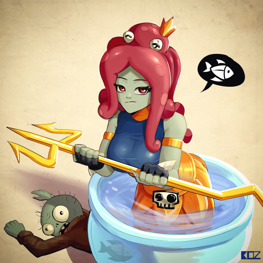 absurdres artist_name black_gloves blue_leotard breasts brown_coat closed_mouth coat colored_skin crown edz_drawz fingerless_gloves fins fish fishbowl gloves gold_bracer gold_scales grey_skin highres holding holding_polearm holding_weapon large_breasts leotard lying mermaid monster_girl neptuna_(plants_vs_zombies_heroes) octopus on_stomach open_mouth plants_vs_zombies plants_vs_zombies_heroes polearm red_eyes side-eyed signature simple_background skin_tight skull skull_belt speech_bubble tail tentacle_hair trident water weapon wide-eyed wide_oval_eyes zombie zombie_(plants_vs_zombies)