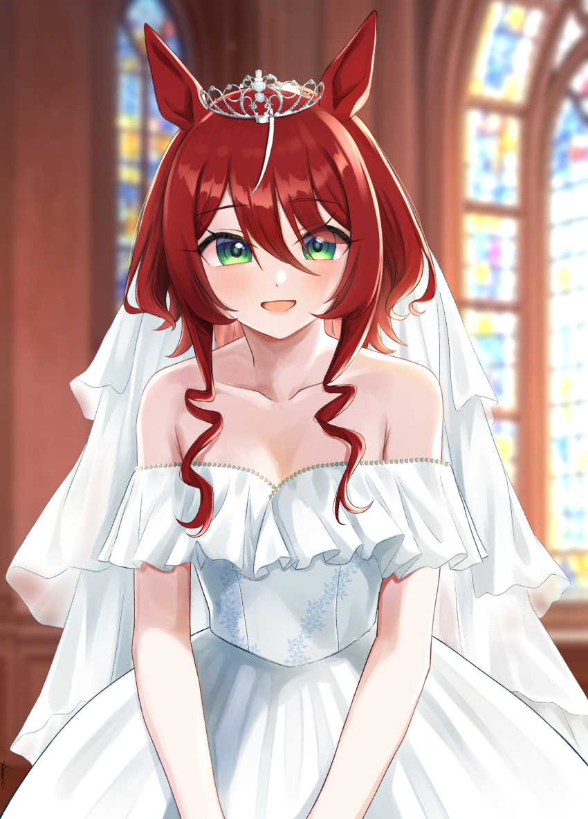 1girl absurdres alternate_costume alternate_hairstyle animal_ears blurry blurry_background blush breasts dress green_eyes hair_between_eyes hair_ornament highres horse_ears horse_girl kanameyuzuriha long_hair looking_at_viewer open_mouth small_breasts solo tiara umamusume wedding_dress win_variation_(umamusume)