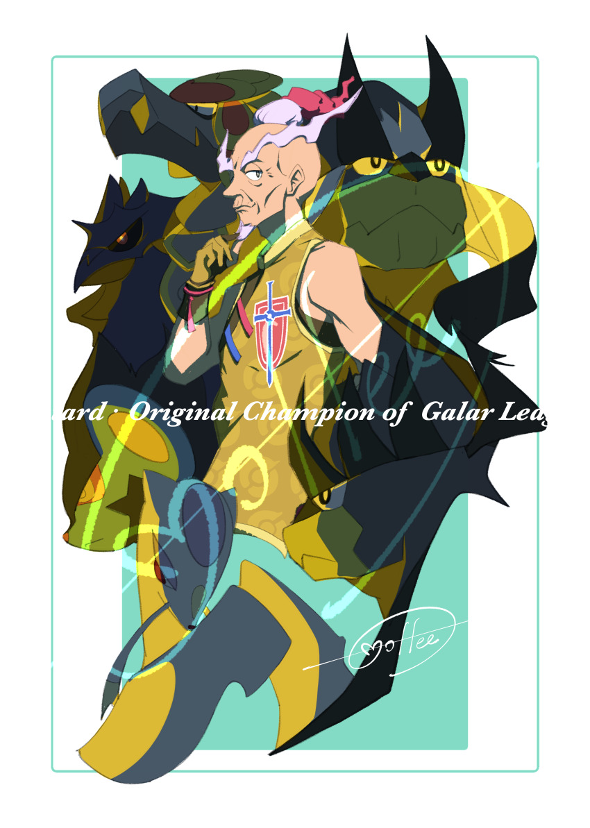 1boy absurdres black_eyes border bright_pupils cccacademia character_name corviknight facial_hair gen_4_pokemon gen_5_pokemon gen_7_pokemon gen_8_pokemon gloves goatee green_background hand_up highres kommo-o legendary_pokemon logo luxray male_focus mienshao mixed-language_commentary mustard_(pokemon) nintendo pokemon pokemon_(creature) pokemon_swsh purple_hair shirt short_hair signature sleeveless sleeveless_shirt urshifu white_border yellow_gloves yellow_shirt