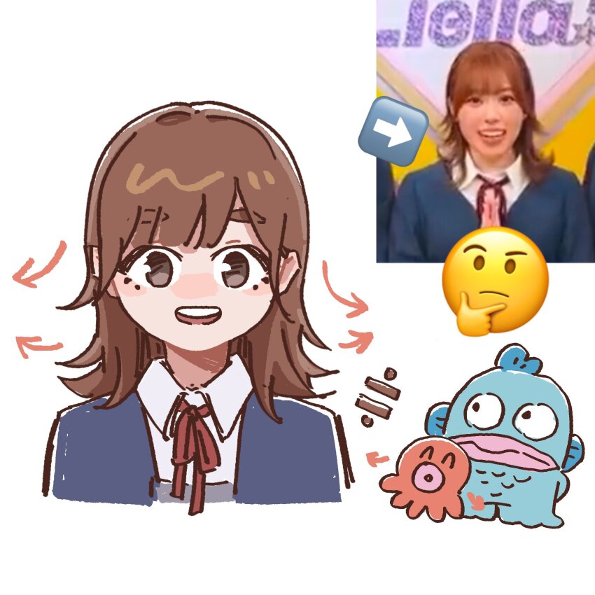 1girl :d ^_^ animification arrow_(symbol) blunt_bangs brown_hair closed_eyes collared_shirt commentary_request cropped_shoulders crossover date_sayuri dress_shirt emoji equal_sign flipped_hair grey_eyes hangyodon highres kawa_(chuan_kawa_) long_hair looking_at_viewer love_live! love_live!_superstar!! name_connection neck_ribbon octopus open_mouth photo-referenced photo_inset real_life red_ribbon reference_inset ribbon sanrio sayuri_(sanrio) school_uniform shirt simple_background smile teeth thinking_emoji upper_teeth_only voice_actor white_background white_shirt winter_uniform yuigaoka_school_uniform