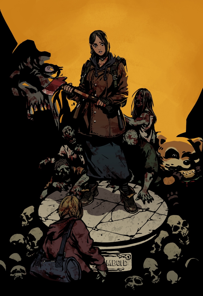 axe backpack bag black_gloves black_hair blonde_hair blood blood_on_clothes blue_skirt boots brown_coat burger coat commentary_request duffel_bag earrings fingerless_gloves fire_axe food gloves guro hair_ornament highres holding holding_axe hood hoodie jewelry korean_commentary open_mouth original penett pile_of_skulls project_zomboid skirt solo_focus spiffo_(project_zomboid) zombie
