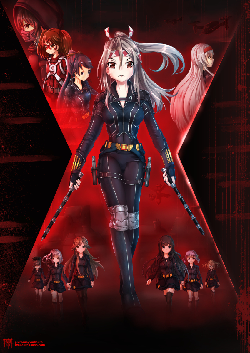 6+girls alternate_breast_size arare_(kancolle) arashio_(kancolle) asashio_(kancolle) black_hair black_widow black_widow_(cosplay) bodysuit brown_eyes brown_hair character_request cosplay gun hair_ornament hair_ribbon hat highres holding hood houshou_(kancolle) kantai_collection kasumi_(kancolle) long_hair marvel mask michishio_(kancolle) multiple_girls ooshio_(kancolle) parody ribbon ryuujou_(kancolle) short_hair shoukaku_(kancolle) side_ponytail twintails wakaura_asaho weapon zuihou_(kancolle) zuikaku_(kancolle)