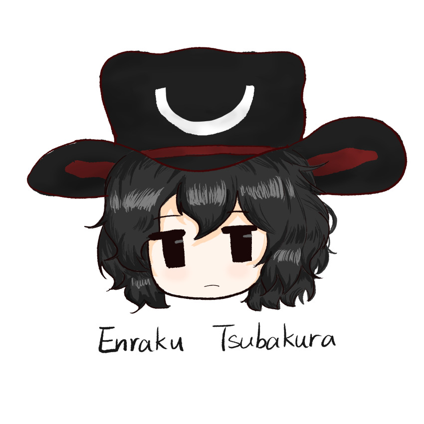 1other androgynous black_eyes black_hair black_hat character_name chinese_commentary chun_lanse_tianran_shengjiang closed_mouth commentary_request enraku_tsubakura expressionless eye_of_senri hair_between_eyes hat head_only highres len&#039;en light_blush light_frown looking_at_viewer other_focus short_hair simple_background solo top_hat two-sided_fabric two-sided_headwear white_background