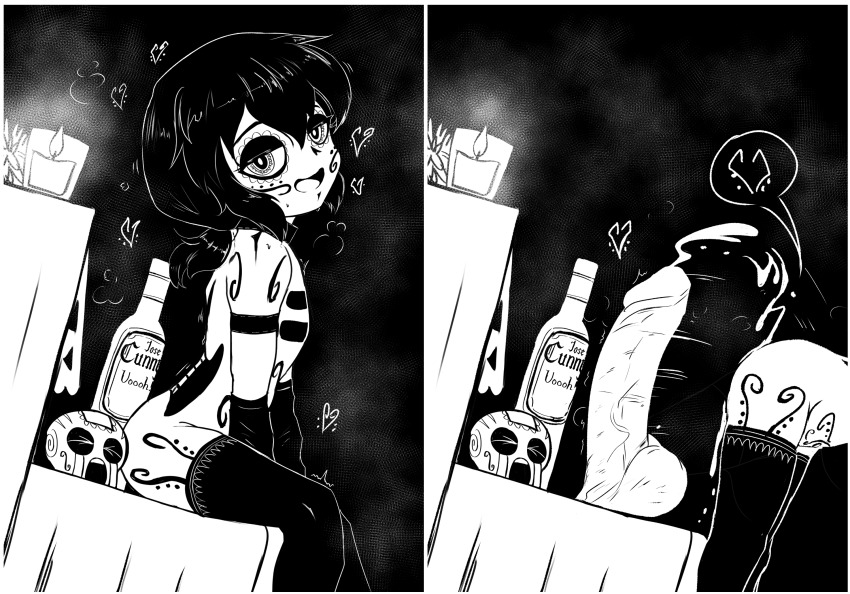 1girl 2koma bent_over bodypaint comic dildo flat_chest greyscale highres loli looking_at_viewer medium_hair monochrome object_insertion original ponytail sex_toy sitting skarlet_jewel smile solo standing thighhighs