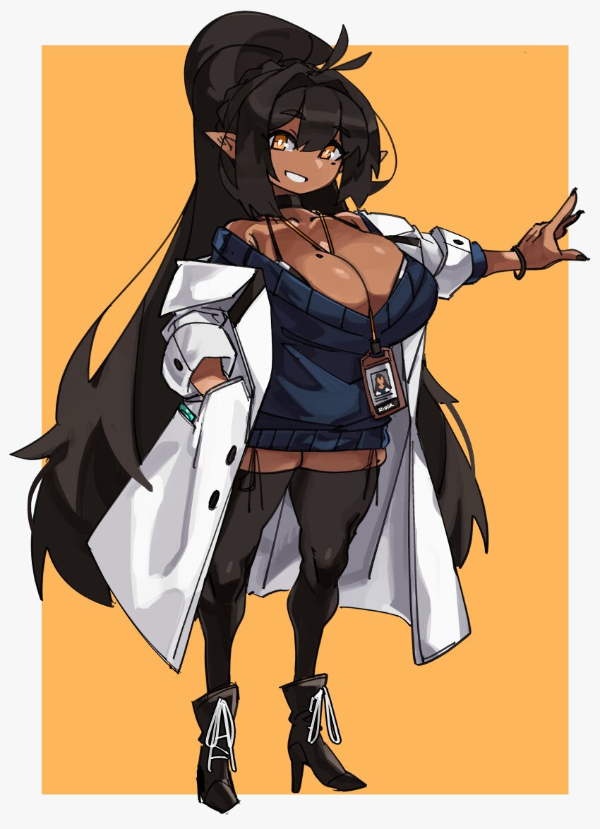 1girl absurdres bare_shoulders between_breasts black_choker black_thighhighs blue_sweater boots bracelet breasts brown_hair choker cleavage coat dark-skinned_female dark_skin doctor elf hair_intakes hand_in_pocket high_heel_boots high_heels highres jewelry lab_coat lanyard large_breasts long_hair mole mole_on_breast mole_on_thigh mole_under_eye orange_eyes original pointy_ears ponytail river_(zana) shortstack sidelocks simple_background skindentation smile solo sweater teeth thick_thighs thighhighs thighs very_long_hair white_coat zanamaoria