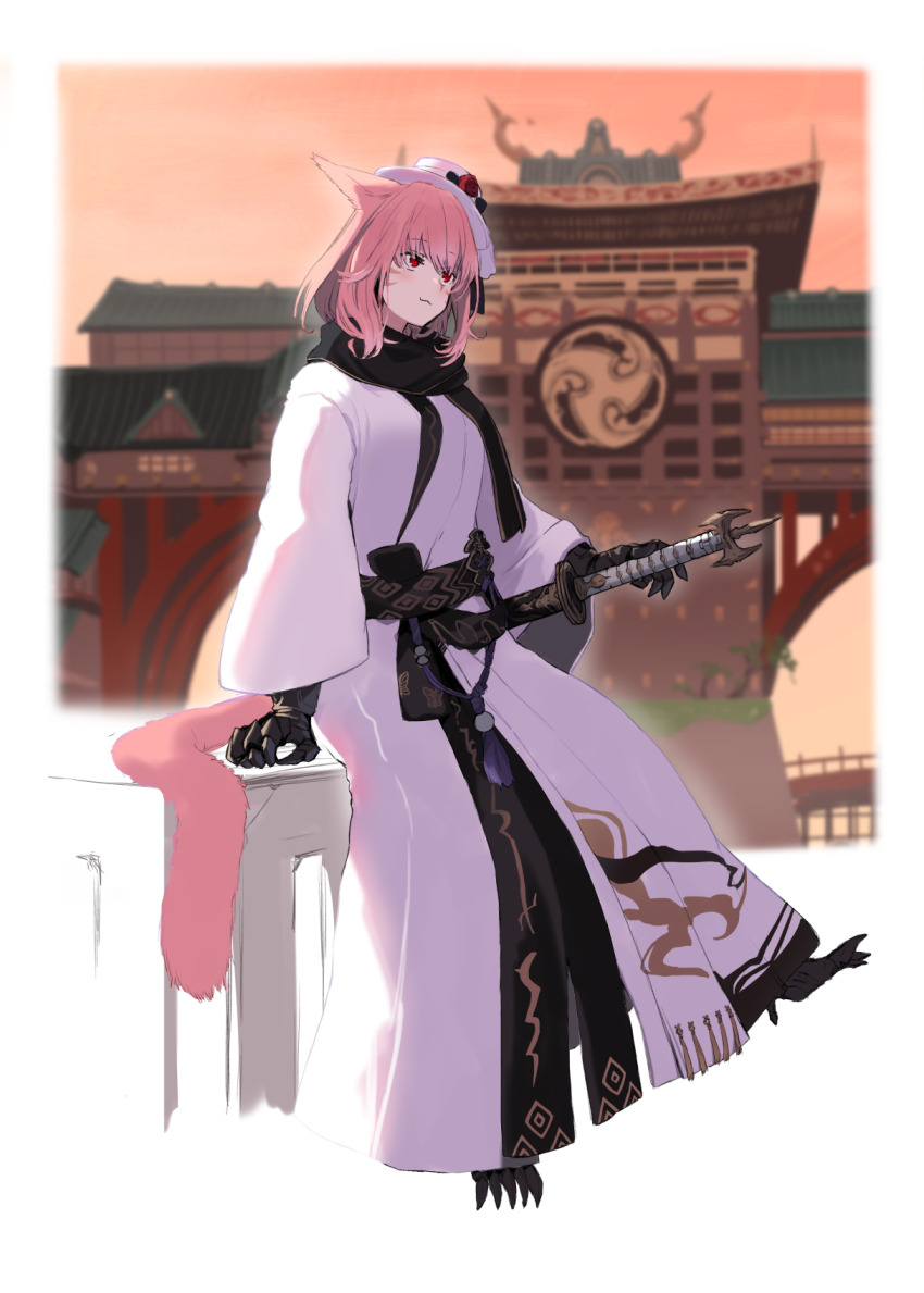 1girl :3 animal_ears architecture arm_support black_sash black_sclera blush breasts cat_ears cat_tail clawed_feet clawed_gauntlets colored_sclera east_asian_architecture facial_mark final_fantasy final_fantasy_xiv full_body ganesagi hand_on_hilt hat highres japanese_clothes katana kimono kugane_(ff14) mini_hat mini_top_hat miqo&#039;te original pink_hair red_eyes sash sheath sheathed short_hair solo sword tail top_hat warrior_of_light_(ff14) weapon white_hat white_kimono
