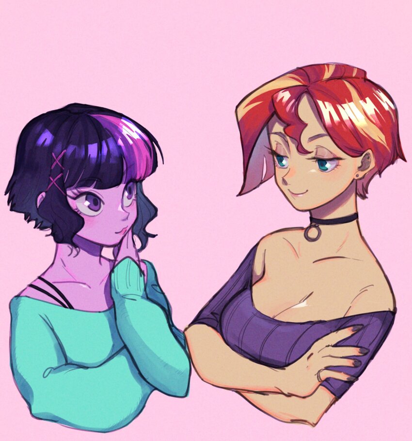 2girls :3 alternate_hair_length alternate_hairstyle asymmetrical_hair bare_shoulders black_choker black_hair black_nails blonde_hair blunt_bangs bob_cut bra_strap breasts choker cleavage closed_mouth collarbone colored_skin commentary cropped_torso crossed_arms earrings eye_contact face-to-face film_grain green_eyes green_shirt hair_behind_ear hair_between_eyes hair_ornament hand_on_own_chin highres ikirunosindo jewelry lips looking_at_another medium_breasts multicolored_hair multiple_girls my_little_pony my_little_pony:_equestria_girls my_little_pony:_friendship_is_magic nail_polish o-ring o-ring_choker off-shoulder_shirt off_shoulder pink_background pink_hair purple_eyes purple_hair purple_shirt purple_skin red_hair ribbed_shirt shirt short_hair short_sleeves simple_background sleeves_past_wrists smile streaked_hair stud_earrings sunset_shimmer sunset_shimmer_(human) symbol-only_commentary twilight_sparkle twilight_sparkle_(human) two-tone_hair x_hair_ornament
