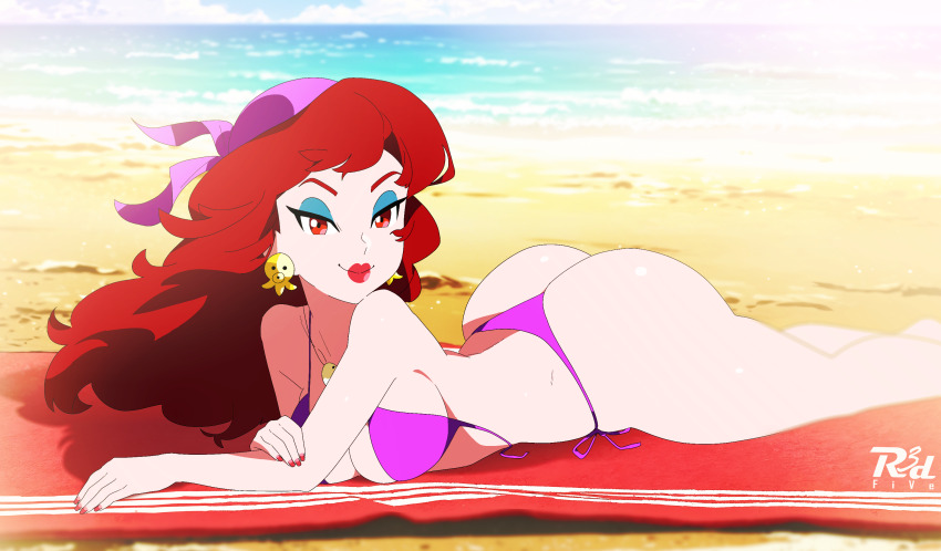 1girl ass bandana beach bikini breasts captain_syrup earrings eyeshadow highres jewelry large_breasts lipstick long_hair looking_at_viewer lying makeup nail_polish necklace nintendo on_stomach outdoors r3dfive red_eyes red_hair red_lips red_nails smile solo swimsuit thick_thighs thighs towel untied_bikini wario_land wario_land:_shake_it! water