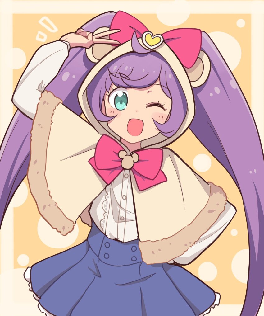 1girl ;d ahoge animal_hood arm_up bad_id bad_twitter_id blue_skirt bow brown_capelet capelet cbgb cowboy_shot hair_bow highres hood hood_up hooded_capelet image_sample long_hair long_sleeves looking_at_viewer manaka_laala mouse_hood one_eye_closed open_mouth pink_bow pretty_series pripara purple_hair shirt skirt smile solo standing twintails twitter_sample v very_long_hair white_shirt yellow_background