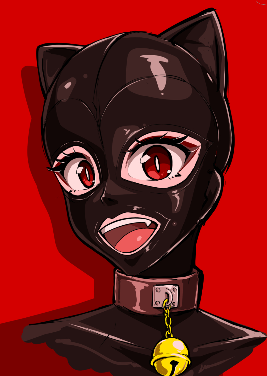 1girl animal_ears bell black_bodysuit bodysuit collar collarbone fake_animal_ears fang gimp_mask highres jingle_bell latex latex_bodysuit looking_at_viewer mask neck_bell open_mouth original red_background red_eyes shiny_clothes skin_tight solo tamakko teeth upper_teeth_only