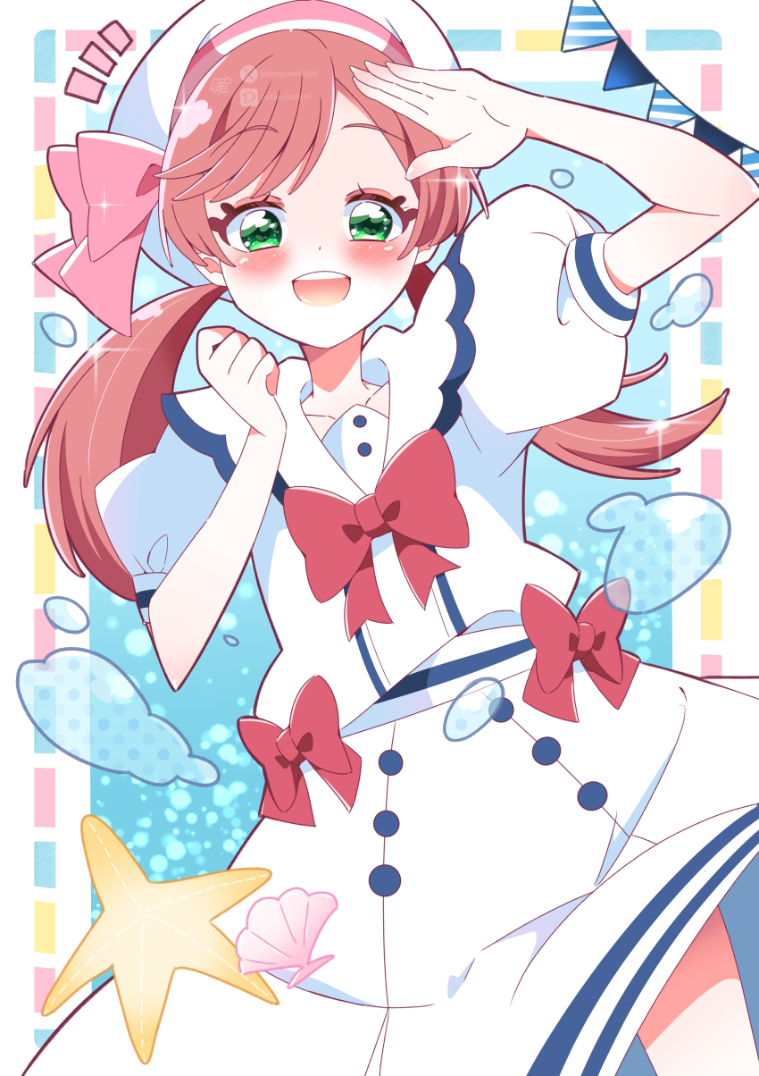 1girl absurdres alternate_costume alternate_hairstyle beret bow bowtie collared_dress commentary dress dress_bow green_eyes hat hat_bow highres hirogaru_sky!_precure long_hair looking_at_viewer low_twintails medium_dress nijigaoka_mashiro open_mouth pink_bow pink_hair potacure precure puffy_short_sleeves puffy_sleeves red_bow red_bowtie salute shell short_sleeves smile solo sparkle standing starfish string_of_flags twintails white_dress white_hat