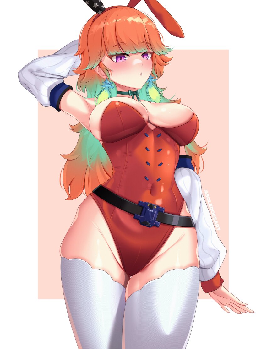 1girl absurdres adapted_costume animal_ears blush bow bow_choker breasts choker covered_navel detached_sleeves earrings fake_animal_ears feather_earrings feathers gradient_hair green_choker green_hair highres hololive hololive_english jewelry large_breasts leotard long_hair looking_at_viewer multicolored_hair open_mouth orange_hair playboy_bunny purple_eyes rabbit_ears red_leotard solevisionarts solo strapless strapless_leotard takanashi_kiara takanashi_kiara_(1st_costume) thighhighs virtual_youtuber
