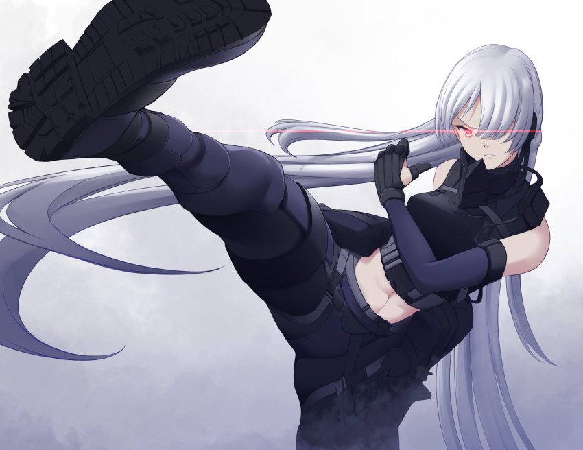 act_(xadachit) ak-15_(girls&#039;_frontline) belt boots defy_(girls&#039;_frontline) elbow_gloves girls&#039;_frontline gloves grey_hair hair_over_one_eye high_kick highres kicking lens_flare long_hair mask mask_around_neck midriff one_eye_covered roundhouse_kick ryuu_ga_gotoku_(series) solo tactical_clothes utility_belt v-shaped_eyebrows