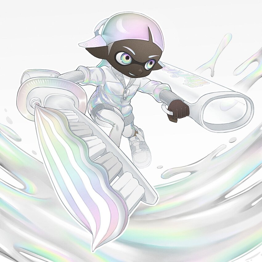 1girl 8ctorice blue_eyes commentary_request dark-skinned_female dark_skin decavitator_(splatoon) full_body gradient_hair green_hair grin headgear highres holding holding_weapon holographic_clothing inkling inkling_girl inkling_player_character jacket leggings long_hair long_sleeves multicolored_eyes multicolored_hair nintendo outline pink_eyes pink_hair pointy_ears shoes smile sneakers solo splatoon_(series) splatoon_3 two-tone_hair weapon white_jacket white_leggings white_outline white_shoes yellow_eyes zipper_pull_tab