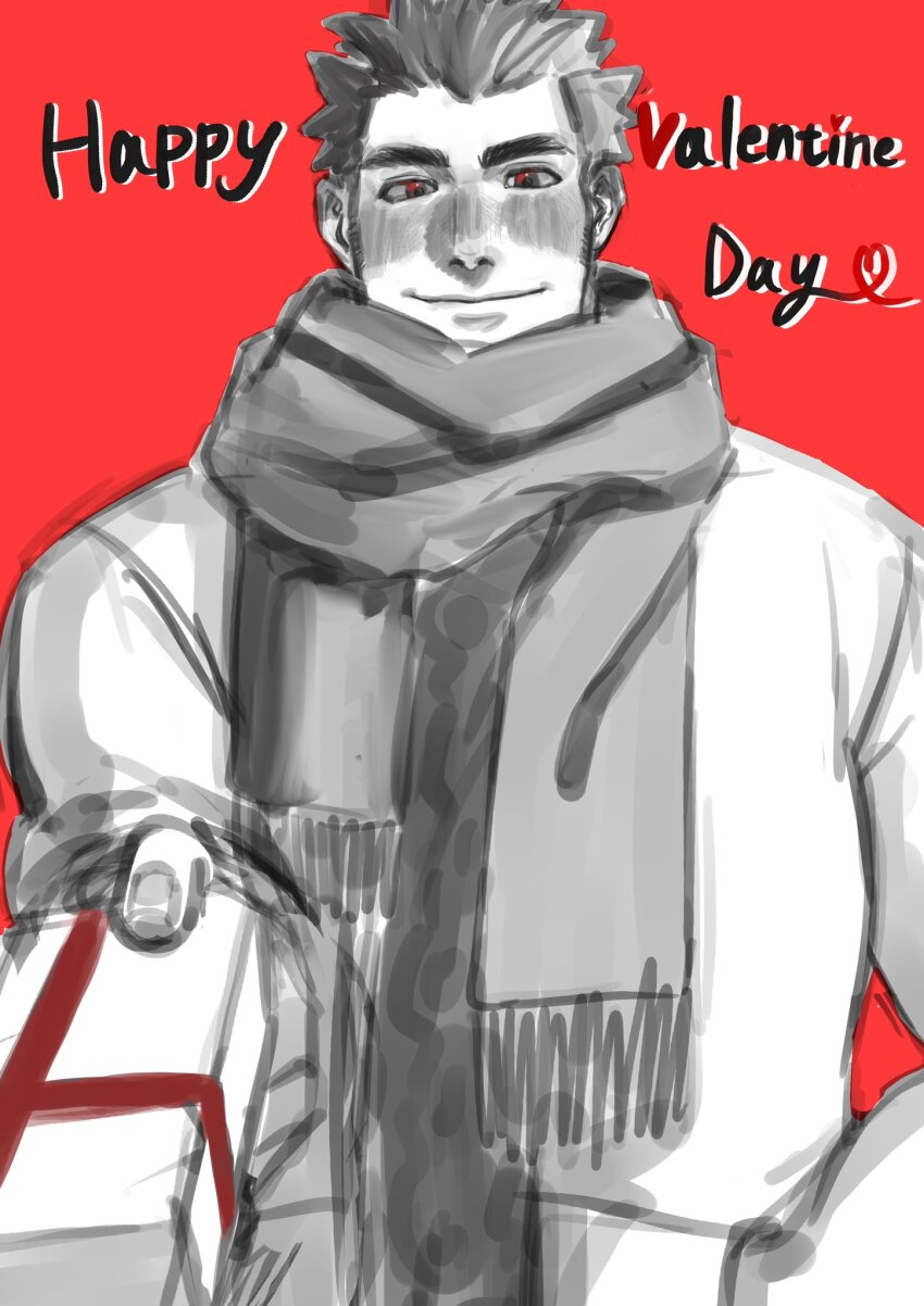 1boy bara blush coat gift greyscale_with_colored_background happy_valentine highres holding holding_gift ichito0714 incoming_gift looking_at_viewer male_focus protagonist_3_(housamo) red_theme scarf short_hair smile solo thick_eyebrows tokyo_houkago_summoners upper_body