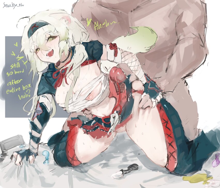 1boy 1girl ahoge animal_ears areola_slip armor artist_name bandaged_arm bandaged_chest bandages breasts clothed_female_nude_male condom english_text ferret_ears ferret_girl ferret_tail fishnet_gloves fishnets gloves gradient_hair gradient_tail green_eyes green_hair green_tail guided_thigh_grab hair_between_eyes hairband heart highres laimu_(vtuber) laimu_(vtuber)_(huntress) monster_hunter_(character) monster_hunter_(series) multicolored_hair multicolored_tail nargacuga_(armor) nipple_slip nipples nude scale_armor sex sex_from_behind signature snuzby sweat tail thigh_grab thighhighs torogao twintails two-tone_hair two-tone_tail used_condom vinesauce virtual_youtuber white_hair white_tail