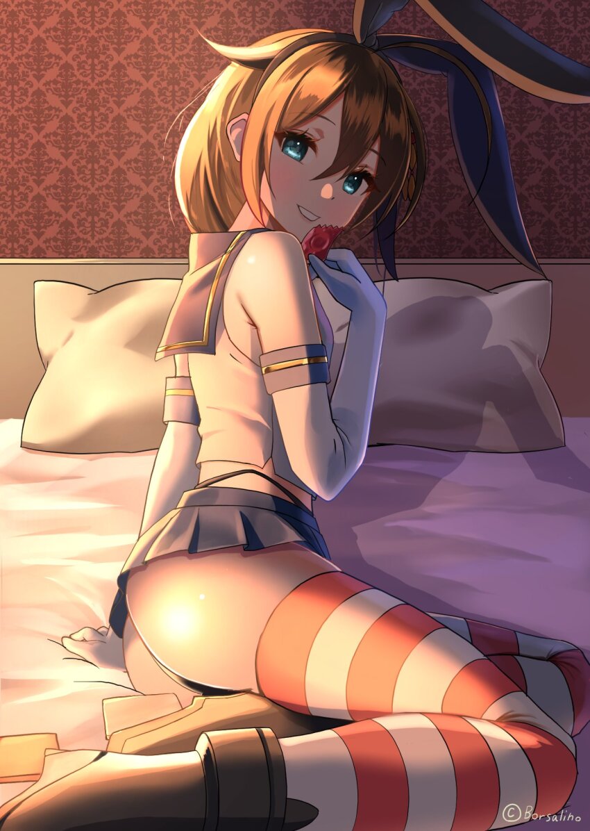 1girl ahoge ass bed black_hair black_hairband black_neckerchief black_panties blue_eyes blue_sailor_collar blue_skirt borsalino condom condom_wrapper cosplay crop_top elbow_gloves gloves hair_flaps hair_over_shoulder hairband highleg highleg_panties highres kantai_collection long_hair microskirt miniskirt neckerchief panties pillow pleated_skirt sailor_collar shigure_(kancolle) shigure_kai_ni_(kancolle) shimakaze_(kancolle) shimakaze_(kancolle)_(cosplay) shirt skirt sleeveless sleeveless_shirt solo striped_clothes striped_thighhighs thighhighs underwear white_gloves
