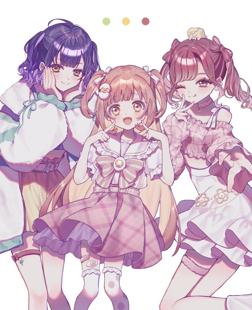 3girls :d :q aile_u_u_zzz asymmetrical_legwear belt bow bowtie choker cowboy_shot double_v egg_hair_ornament food-themed_hair_ornament hair_ornament hair_ribbon hands_on_own_cheeks hands_on_own_face highres index_finger_raised kirara_tamako long_hair long_sleeves looking_at_viewer mismatched_legwear multiple_girls nanase_suzuna nijisanji off-shoulder_shirt off_shoulder one_eye_closed open_mouth orange_hair parted_bangs pink_skirt plaid_clothes plaid_skirt pleated_skirt polka_dot polka_dot_legwear puffy_long_sleeves puffy_sleeves purple_eyes purple_hair red_hair ribbon sailor_collar saotome_berry shirt short_hair short_sleeves simple_background skirt smile standing striped_bow striped_bowtie striped_clothes thigh_strap thighhighs tongue tongue_out two_side_up v virtual_youtuber white_background white_sailor_collar white_shirt white_skirt yellow_eyes yellow_skirt