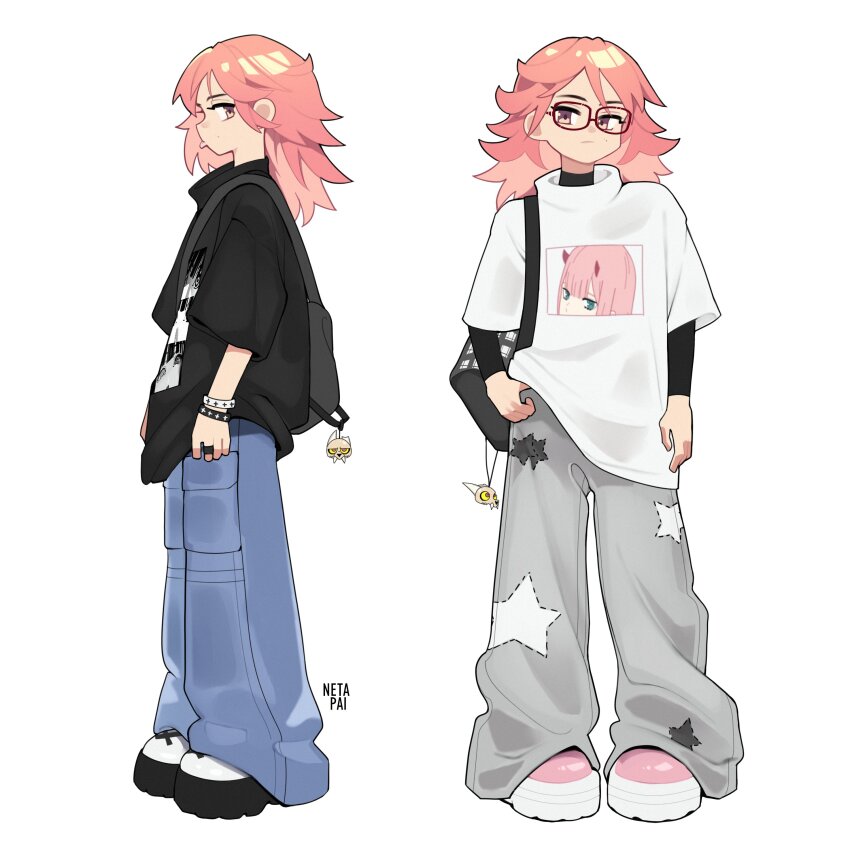 1girl absurdres artist_name bag bag_charm baggy_pants blue_pants boots brown_pants cargo_pants charm_(object) commentary darling_in_the_franxx english_commentary glasses highres jewelry layered_sleeves light_frown long_sleeves multiple_wristbands netapai1 original pants pink_eyes pink_hair red-framed_eyewear ring shirt short_over_long_sleeves short_sleeves simple_background t-shirt turtleneck wristband zero_two_(darling_in_the_franxx)