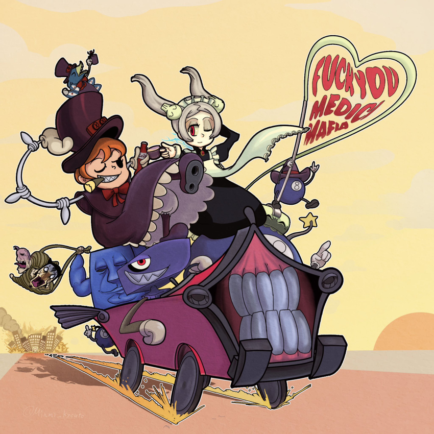 2girls andy_anvil arms_behind_head avery_(skullgirls) bloody_marie_(skullgirls) bound car cigar cowboy_shot driving fire george_the_bomb grey_hair hair_ornament highres lenny_the_bomb lorenzo_medici_(skullgirls) maid_headdress minmi_kyouto motor_vehicle multiple_girls one_eye_closed peacock_(skullgirls) red_eyes rope skull_hair_ornament skullgirls smile smoking tommy_ten-tons twintails yellow_background