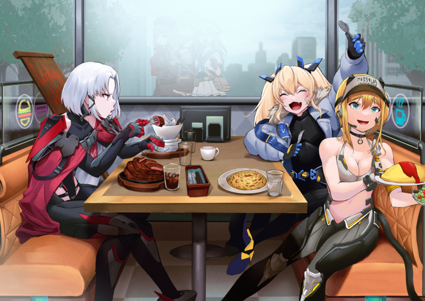 6+girls android anis_(nikke) arm_pouch armored_bodysuit bandaid bandaid_on_cheek bandaid_on_face bare_shoulders blonde_hair breasts cape closed_eyes coat commentary cup dinner drake_(nikke) eating fang food fork fur_trim goddess_of_victory:_nikke grey_hair happy holding holding_fork indoors laplace_(nikke) maxwell_(nikke) meat mechabare mechanical_tail medium_breasts medium_hair multiple_girls munaage navel neon_(nikke) omelet open_mouth plate rapi_(nikke) red_eyes restaurant salad skirt small_breasts smile sponge steak tail white_skirt window
