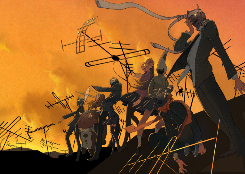 aerial amagi_yukiko antennae atlus belt cloud cosplay glowing glowing_eyes hanamura_yousuke helmet himiko_(persona_4) horns izanagi_(persona_4) jiraiya_(persona_4) kintoki-douji konohana_sakuya_(persona) kujikawa_rise kuma_(persona_4) lineup looking_at_viewer mask multiple_boys multiple_girls narukami_yu orange_sky pantyhose persona persona_4 plaid_clothes plaid_skirt pleated_skirt radio_antenna rooftop satellite_dish satonaka_chie scarf school_uniform shirogane_naoto skirt skull sky squatting standing sukuna_hikona take-mikazuchi tatsumi_kanji tomoe_(persona_4) torinoesa
