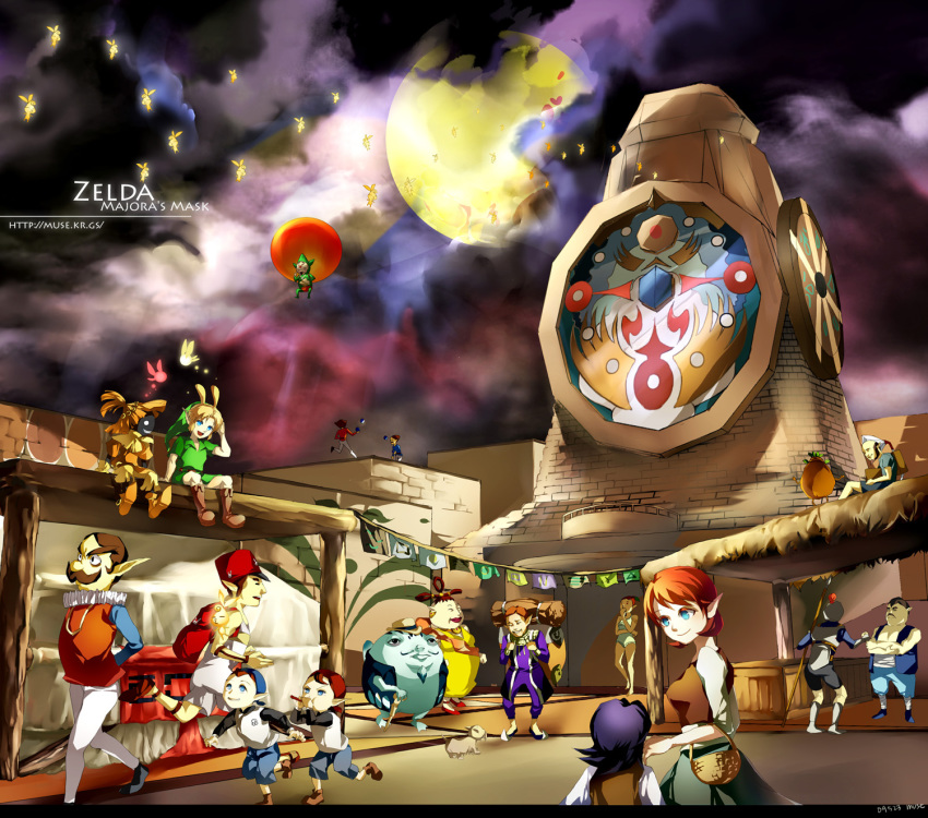 3girls 6+boys anju_(zelda) blonde_hair blue_eyes bombers brown_hair business_scrub carpenter_(zelda) cheek_swirl deku_scrub facial_hair fairy full_moon gorman guru-guru happy_mask_salesman hat highres jim_(zelda) kafei link madame_aroma mailman moon multiple_boys multiple_girls muse_(rainforest) mustache night nintendo pointy_ears polearm postman_(zelda) purple_hair rosa_sisters skull_kid soldier spear stray_fairy tael tatl the_legend_of_zelda the_legend_of_zelda:_majora&#039;s_mask tingle toto_(zelda) tower twin_jugglers weapon young_link zora